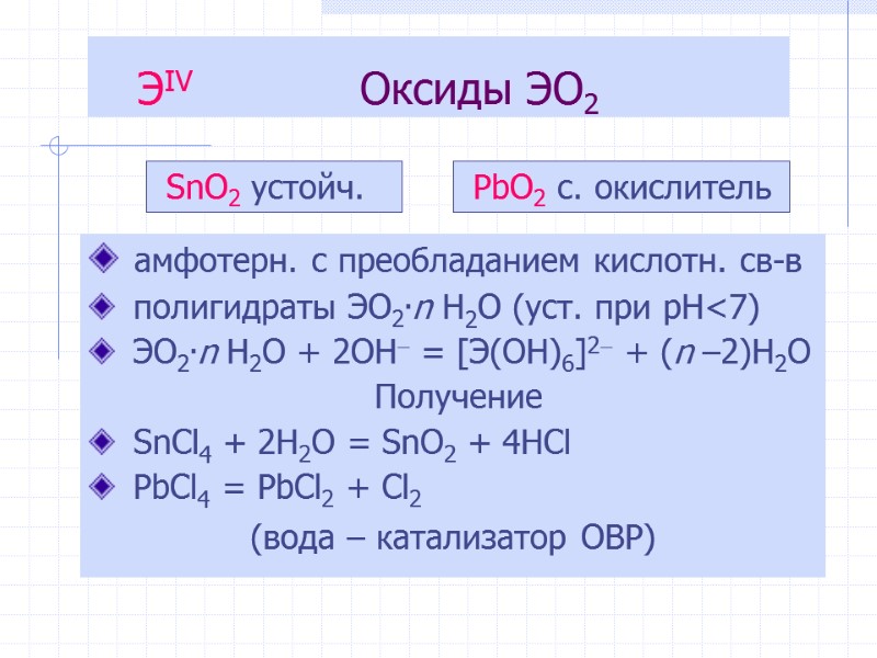 амфотерн. с преобладанием кислотн. св-в  полигидраты ЭO2.n H2O (уст. при рН<7)  ЭO2.n